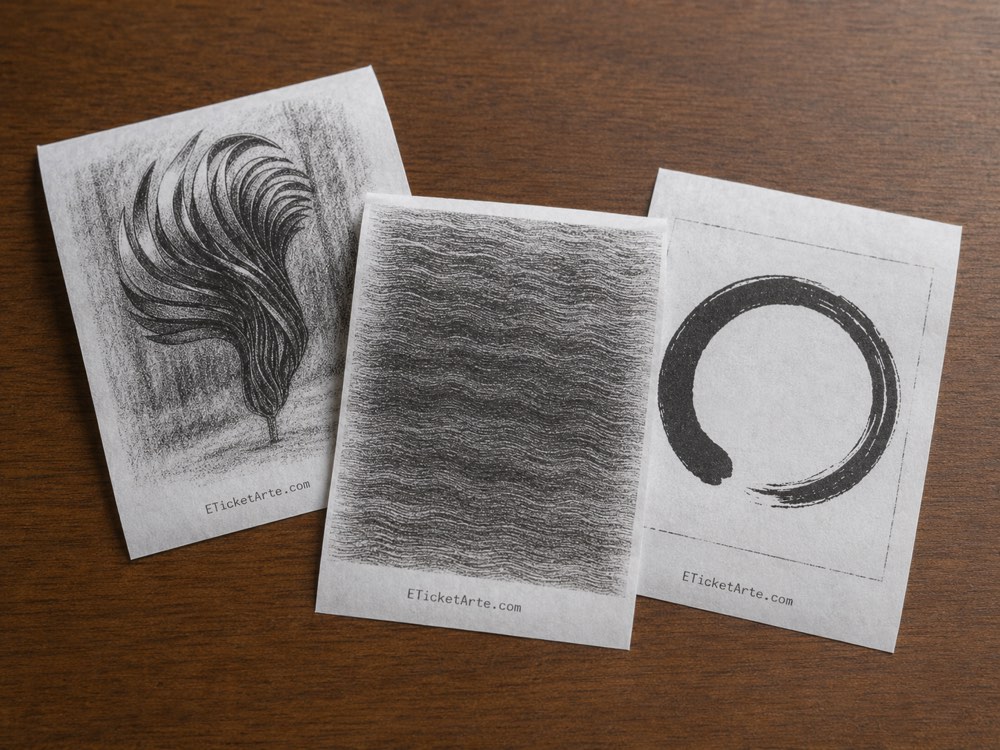 Three tickets with drawing, texture and brushstroke